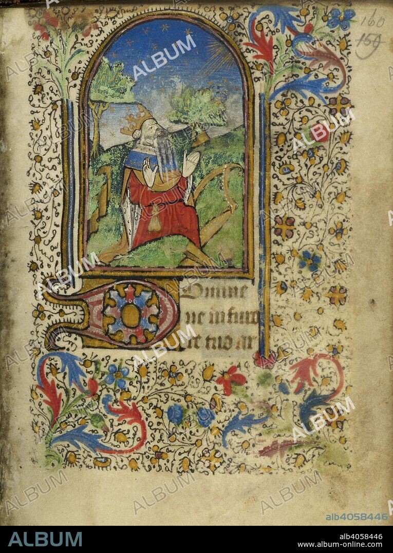 David in prayer at the beginning of the Penitential Psalms. Book of Hours, Use of Rennes, imperfect. France, W. (Brittany); 2nd or 3rd quarter of the 15th century. Source: Harley 1964, f.160. Language: Latin and French.