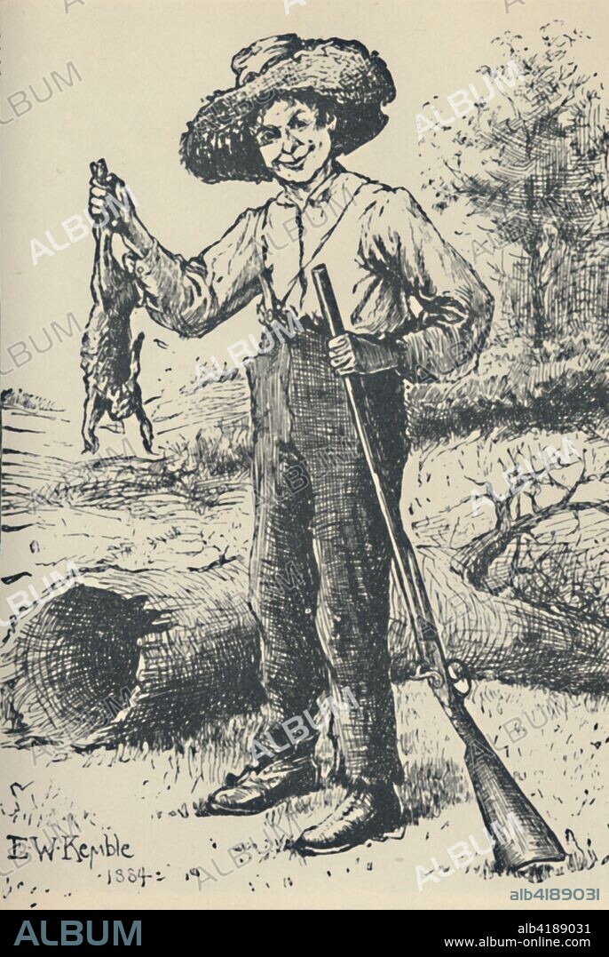 'Huckleberry Finn', 1884, (c1950). Character from The Adventures of Tom Sawyer, and Adventures of Huckleberry Finn by Mark Twain: 'Huck Finn, the motherless, fatherless waif, is one of Mark Twain's most fascinating characters.' From The Outline of Literature, edited by John Drinkwater. [George Newnes Limited, London, c1950].