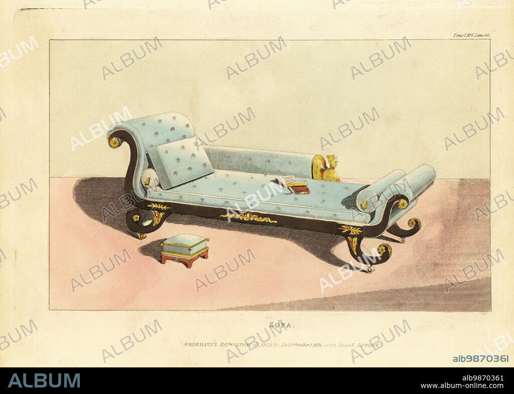 Grecian sofa, 1811. Elegant Grecian sofa for the library or boudoir. In mahogany ornamented with ormolu, French-stuffed squab, bolsters and cushions covered with morocco leather. Handcoloured copperplate engraving from The Upholsterer's and Cabinet-Maker's Repository consisting of seventy-six designs of modern and fashionable furniture, Rudolph Ackermann, London, 1830.