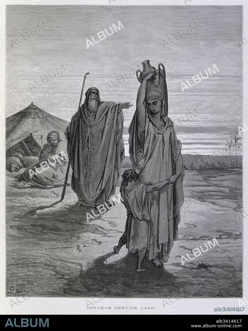 Engraving by  Gustave Doré (1832-1883); Expulsion of Ishmael and His Mother Hagar by Abraham. In the Biblical account, Hagar was an Egyptian handmaid of Sarah who gave her to Abraham to bear a child. The product of the union was Abraham's firstborn, Ishmael, the progenitor of the Ishmaelite's.