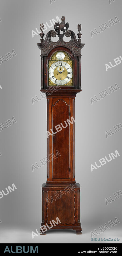 Tall-Case Clock. Culture: American. Dimensions: 8 ft. 9 in. × 19 1/2 in. × 10 1/2 in. (266.7 × 49.5 × 26.7 cm). Maker: Edward Duffield (American, 1720-1801). Date: 1765-80.
This clock possesses a sophisticated weight-powered movement that runs for eight days and chimes on the hour. Its mahogany case, with intricate carving and appliqués, possesses a cockerel cartouche at the top--a motif frequently seen on English and French clocks, but rarely on American examples. The cockerel may have been a reference to the Apostle Peter, patron saint of watchmakers, or to Christ's proclamation at the Last Supper, "I tell thee, Peter, the cock shall not crow this day, before that thou shalt thrice deny that thou knowest me" (Luke 22:34). Duffield was a leading Philadelphia clockmaker known for his friendship with Benjamin Franklin. He made clocks for Franklin's family and served as executor of his estate.