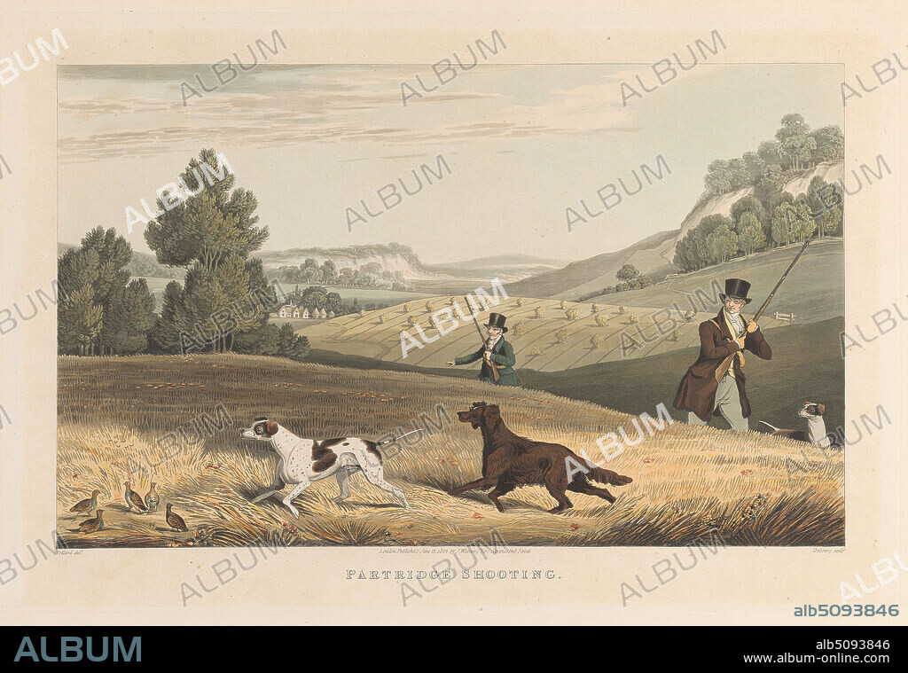 Partridge Shooting, Print made by Matthew Dubourg, active 17861838, British, after James Pollard, 17921867, British, Published by Jonathan Watson, 18201847, British, 1822, Aquatint and etching with hand coloring on moderately thick, slightly textured, beige wove paper, Sheet: 14 3/4 x 20 7/8 inches (37.4 x 53 cm), Plate: 10 5/8 x 15 13/16 inches (27 x 40.2 cm), and Image: 8 9/16 x 13 15/16 inches (21.7 x 35.4 cm), agriculture, animal art, birds, breeches (trousers), costume, cravats, fields, hills, houses, hunters, hunting, hunting dogs, landscape, partridges, riding coats, sporting art, sporting rifles, sportsmen, top hats, trees.