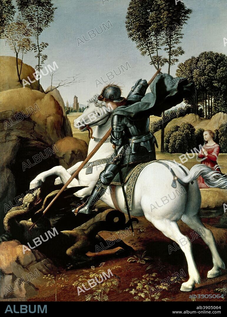 RAPHAEL. Saint George and the Dragon. Date/Period: Ca. 1506. Painting. Oil on panel. Height: 285 mm (11.22 in); Width: 215 mm (8.46 in).