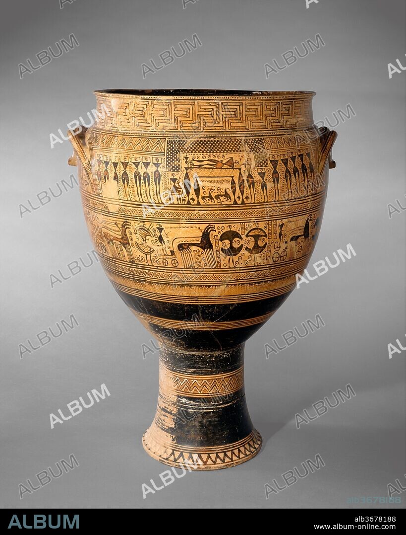 Terracotta krater. Culture: Greek, Attic. Dimensions: H. 42 5/8 in. (108.3 cm)
diameter  28 1/2 in. (72.4 cm). Date: ca. 750-735 B.C..
Monumental grave markers were first introduced during the Geometric period. They were large vases, often decorated with funerary representations. It was only in the Archaic period that stone sculptures were used as funerary monuments. On this magnificent krater, the main scene occupies the widest portion of the vase and shows the deceased laid upon a bier surrounded by members of his household and, at either side, mourners. For optimal clarity, the dead man is shown on his side, and the checkered shroud that would normally cover the body has been raised and regularized into a long rectangle with two projections. The zone below shows a procession of chariots and foot soldiers. The figures may refer to the military exploits of the deceased. Because hourglass shields and chariots played a more limited role at this time than in the earlier Bronze Age, the scene more likely evokes the glorious ancestry and traditions to which the dead man belonged.