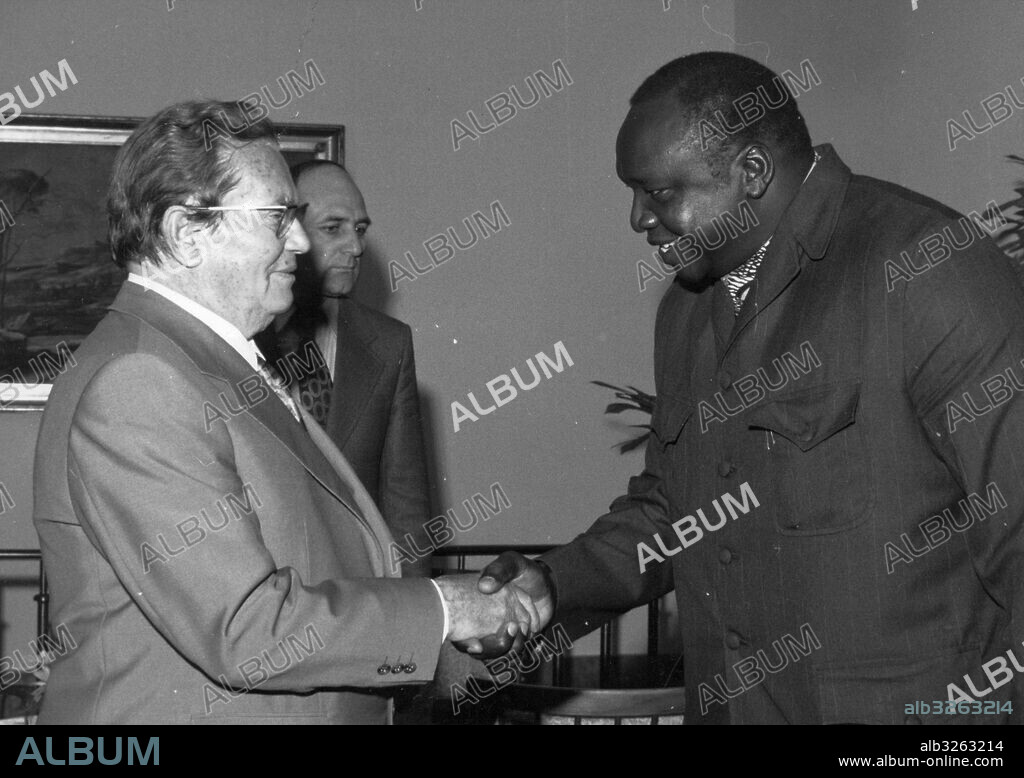 Field Marshall and President of Uganda, Idi Amin Dada shaking hands with Yugoslavian President Josip Broz Tito upon his arrival in Brioni, Tito's summer residence. Yugoslavia. April 20, 1976.