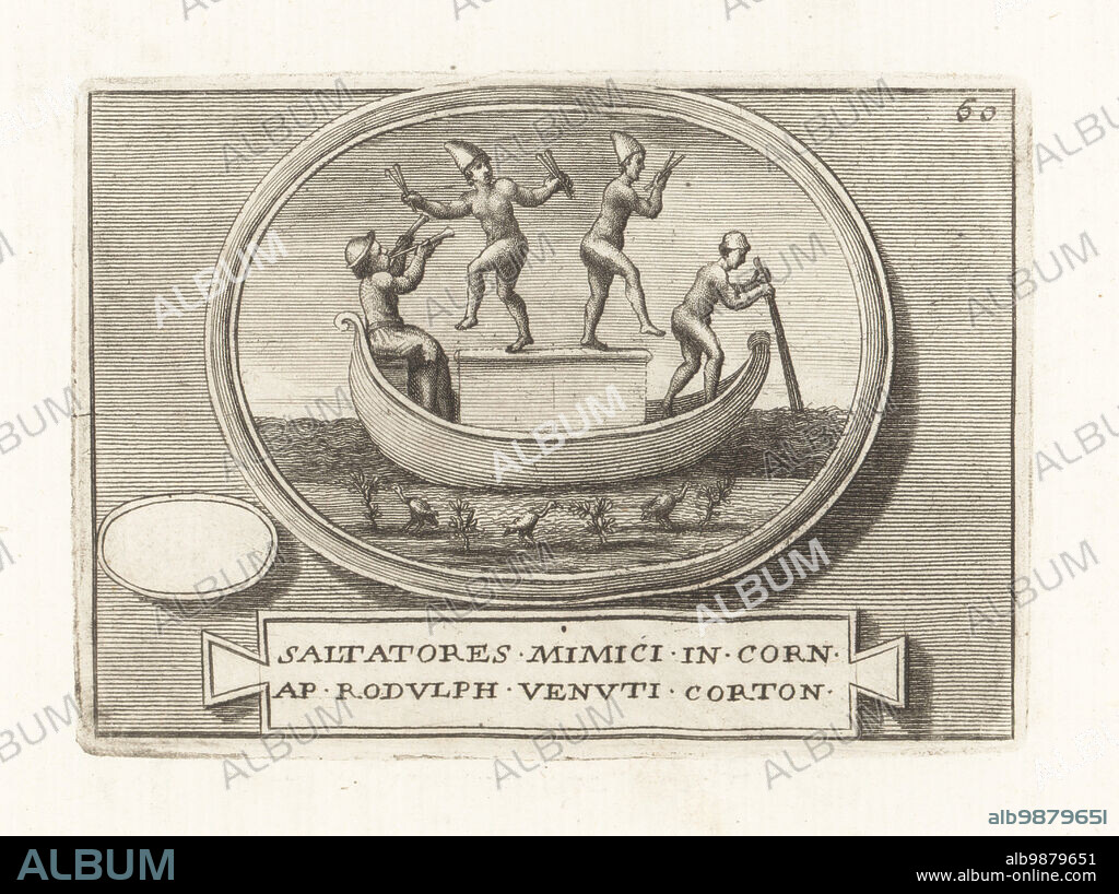 Etruscan mimic dancers performing on a boat. Two naked dancers dance and  wave sticks on deck. A man plays the aolus or Greek flute while a pilot  holds the rudder. Birds st -