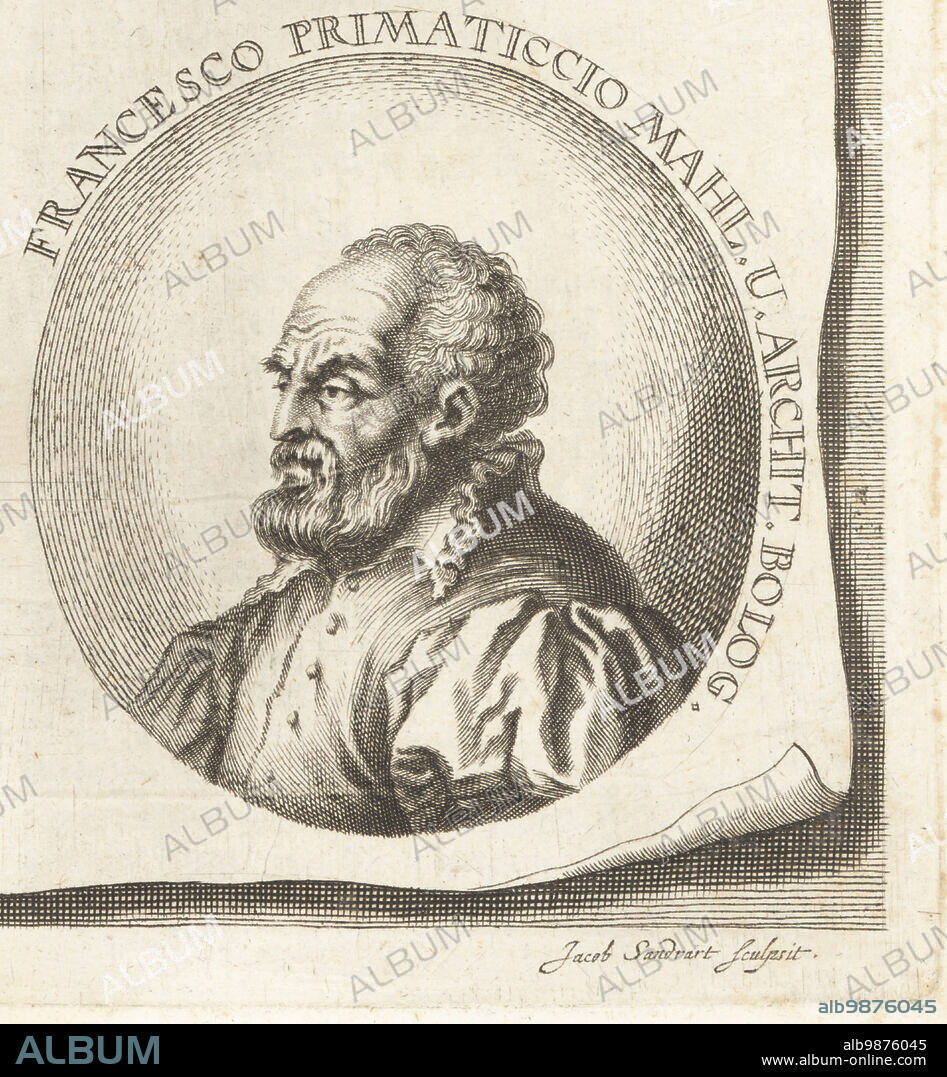 Francesco Primaticcio, Italian Mannerist painter, architect and sculptor from Bologna who spent most of his career in France, 1504-1570. Francesco Primaticcio Mahl U Archit. Bolog. Copperplate engraving by Jacob von Sandrart after an illustration by Joachim von Sandrart from his LAcademia Todesca, della Architectura, Scultura & Pittura, oder Teutsche Academie, der Edlen Bau- Bild- und Mahlerey-Kunste, German Academy of Architecture, Sculpture and Painting, Jacob von Sandrart, Nuremberg, 1675.