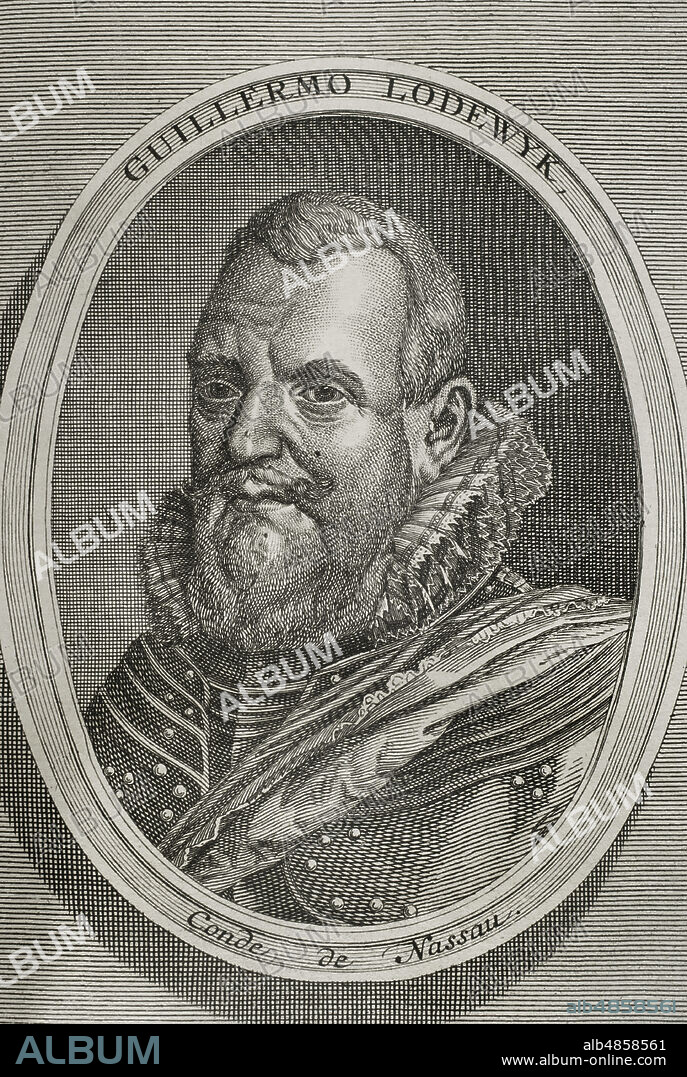 Guillermo Luis (1560-1620). Hijo primogénito de Juan VI de Nassau-Dillenburg e Isabel de Leuchtenberg. Conde de Nassau-Dillenburg entre 1606 y 1620. Estatúder de Frisia, Drente y Groninga. Prestó servicios como oficial de caballería a las órdenes de su tío, Guillermo de Orange. Entre 1588 y 1609 planificó, junto con Mauricio de Nassau, la estrategia militar de las Provincias Unidas de los Países Bajos en la guerra contra España para lograr su independencia. Retrato. Grabado. Guerras de Flandes. Edición publicada en Amberes, 1748. Biblioteca Histórico Militar de Barcelona. Cataluña. España.