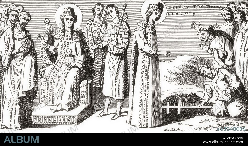 St. Helena discovering the True Cross of Jesus's crucifixion during a pilgrimage to the Roman province of Syria Palaestina in the 4th century. After a Greek MS of the 9th century in the National Library, Paris. Saint Helena or Saint Helen, c.?250 – c.?330. Consort of the Roman emperor Constantius Chlorus and the mother of the emperor Constantine the Great. From Cassell's History of England, published c.1901.