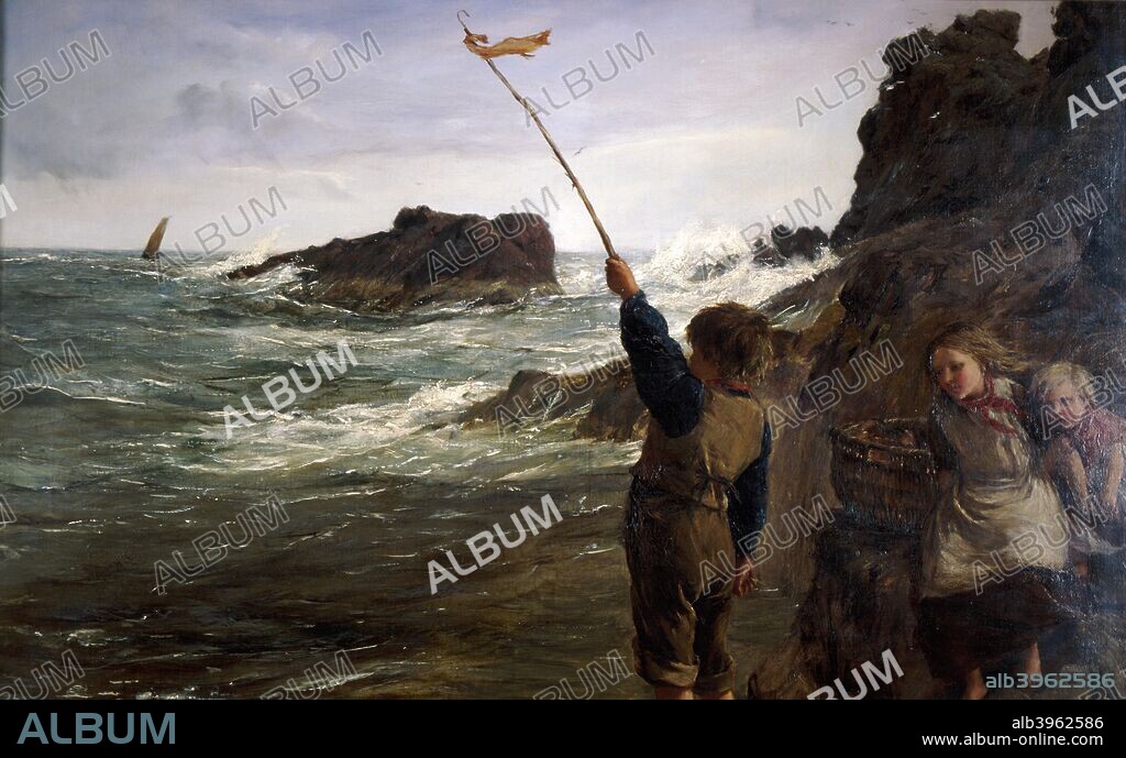 'Caught by the Tide', 1869. Three children stranded on a rock hail a boat on the horizon.