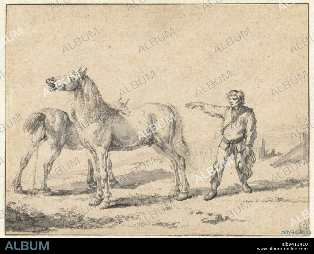 Two Horses, One Urinating and the Other Whinnying, and a Standing Man with  his Right Arm Raised, Philips Wouwerman, after c. 1646, draughtsman:  Philips Wouwerman, Haarlem, - Album alb9411410