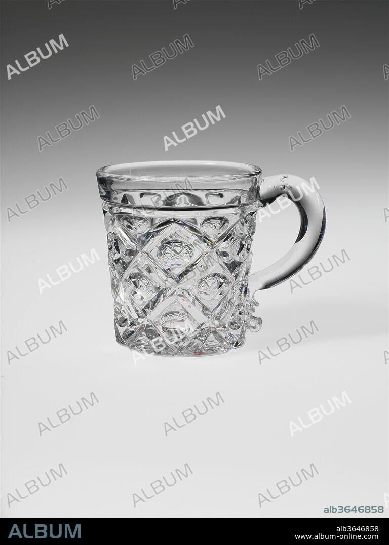 Whiskey Mug. Culture: American. Dimensions: H. 2 7/8 in. (7.3 cm). Date: 1850-70.
With the development of new formulas and techniques, glass-pressing technology had improved markedly by the late 1840s. By this time, pressed tablewares were being produced in large matching sets and innumerable forms. During the mid-1850s, colorless glass and simple geometric patterns dominated. Catering to the demand for moderately-priced dining wares, the glass industry in the United States expanded widely, and numerous factories supplied less expensive pressed glassware to the growing market. At the Exhibition of the Industry of All Nations at New York's Crystal Palace in 1853, for example, the New England Glass Company exhibited 130 pieces of one design, "consisting of bowls, tumblers, champagnes, wines, and jelly glasses." This object belongs to one such service. Although the glass manufactory is not known, the glassware is very typical of the large services that were very popular with America's middle class in the nineteenth century.