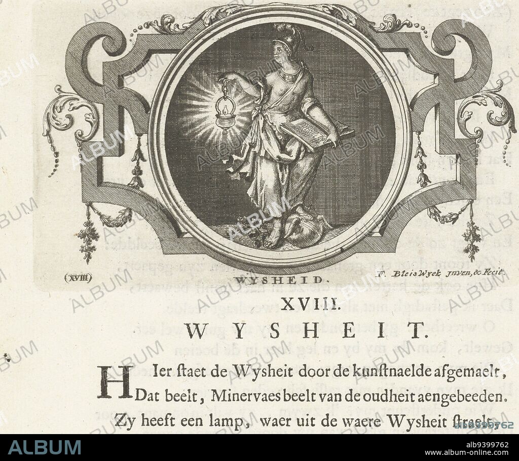 Emblem with allegory of wisdom depicted as Minerva with burning oil lamp,  open book and helmet Her foot rests on a winged imperial apple In round  frame decorated with orna - Album