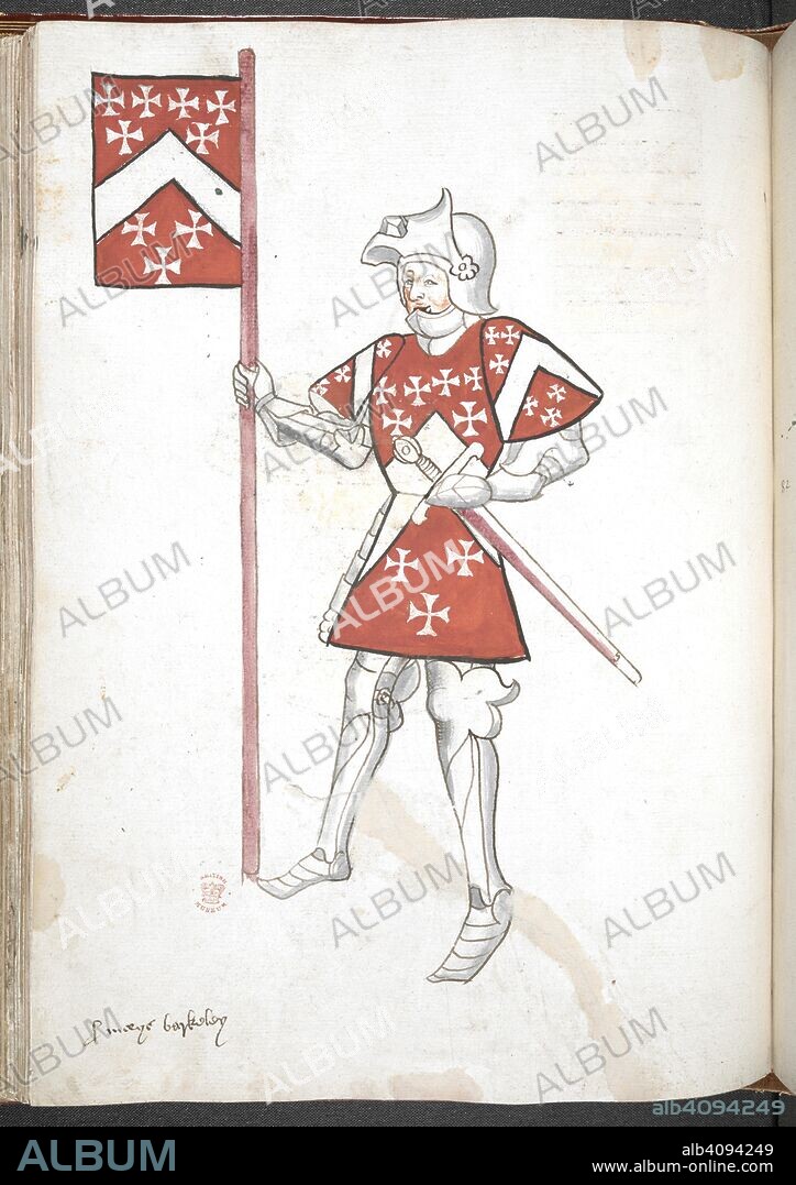 ROGER LEGH. Knight, in armour and tabard, holding a sword and a standard with banner and arms. Legh's Men of Arms (manuscript also known as Sir Thomas Holme's Book of Arms). Part 3 ff. 41-112. England, S. E. (probably London). Last quarter of the 15th century or 1st quarter of the 16th century. Numerous coloured drawings of knights in armour and tabard. Source: Harley 4205 f.67v. Language: French (names of the knights). Gothic cursive.