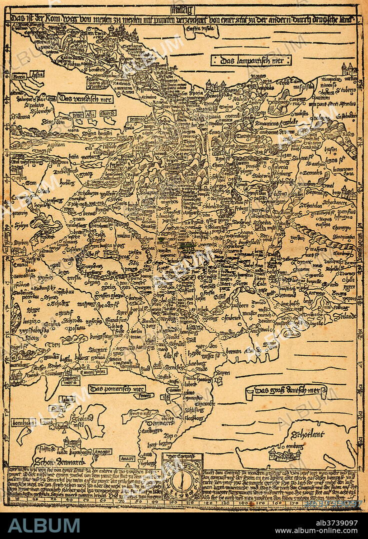 ERHARD ETZLAUB. Road Map of Central Europe. Dated c. 1492