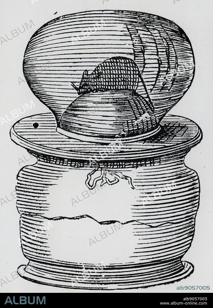 John Mayow's (1640-1679) experiment to prove the volume of air is diminished by respiration. From his 'Tractatus quinque medico-physici', 1674.