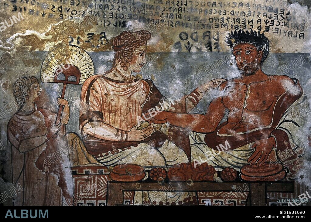 Etruscan Art. Copy of Etruscan wall painting. Tempera on canvas 1900. Tomb  of the Shields. Tarquinia, Italy c. 350 BC. Larth Velcha and his wife,  Velia Seitithi. Ny Carlsb - Album alb1931690