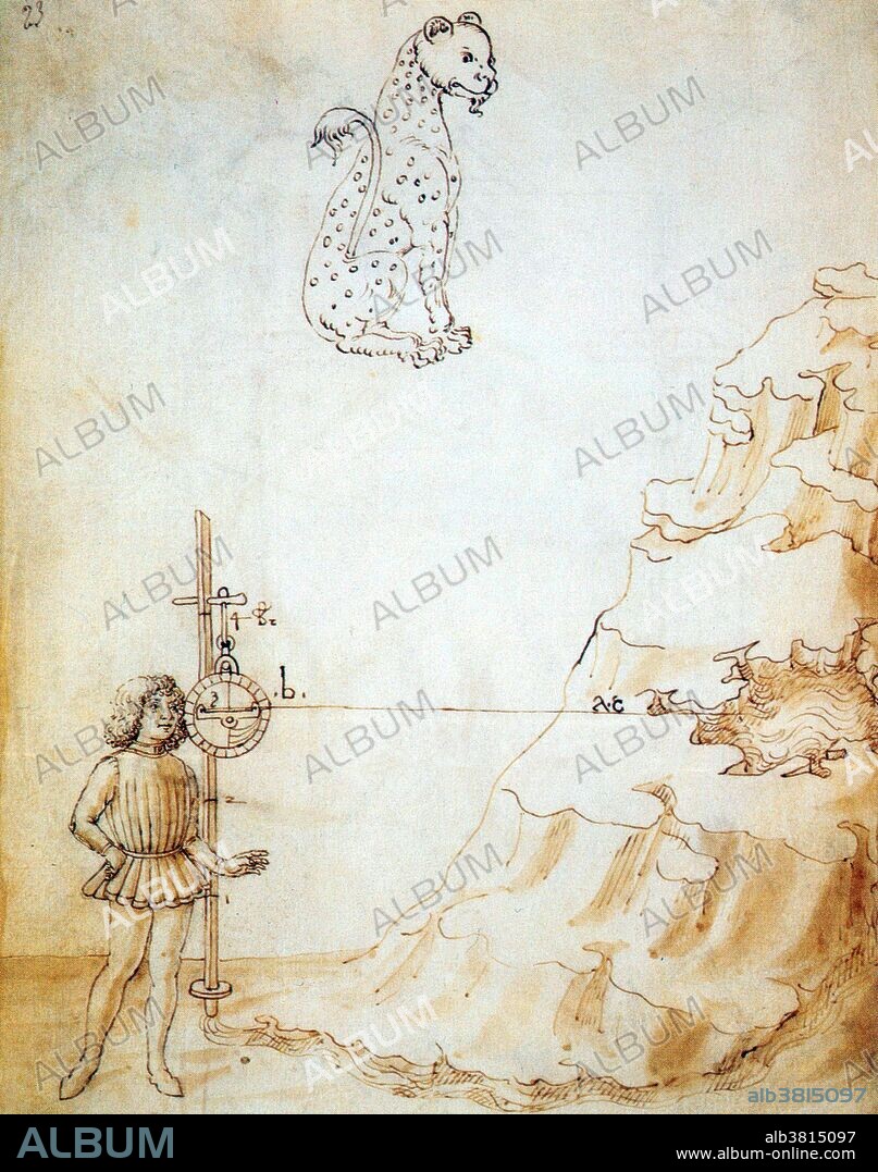 Anonymous (after Taccola) measuring a slope with an astrolabe. Between the Middle Ages and the Renaissance, Siena developed a series of technical specialities. Siena's artist-engineers put their skills into practice for their small republic and demonstrated their skill in depicting machines and mechanical systems. The two most prominent Sienese engineers were Mariano di Iacopo, known as Taccola, and Francesco di Giorgio. An astrolabe is an elaborate inclinometer, historically used by astronomers, navigators, and astrologers. Its many uses include locating and predicting the positions of the Sun, Moon, planets, and stars, determining local time given local latitude and vice-versa, surveying, triangulation, and to cast horoscopes. It was used in classical antiquity, through the Islamic Golden Age, the European Middle Ages and Renaissance for all these purposes.