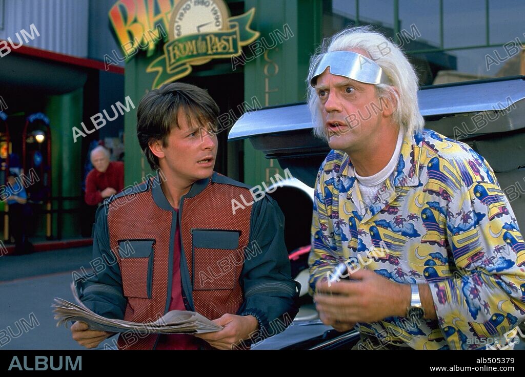 CHRISTOPHER LLOYD and MICHAEL J. FOX in BACK TO THE FUTURE PART II, 1989, directed by ROBERT ZEMECKIS. Copyright AMBLIN/UNIVERSAL.