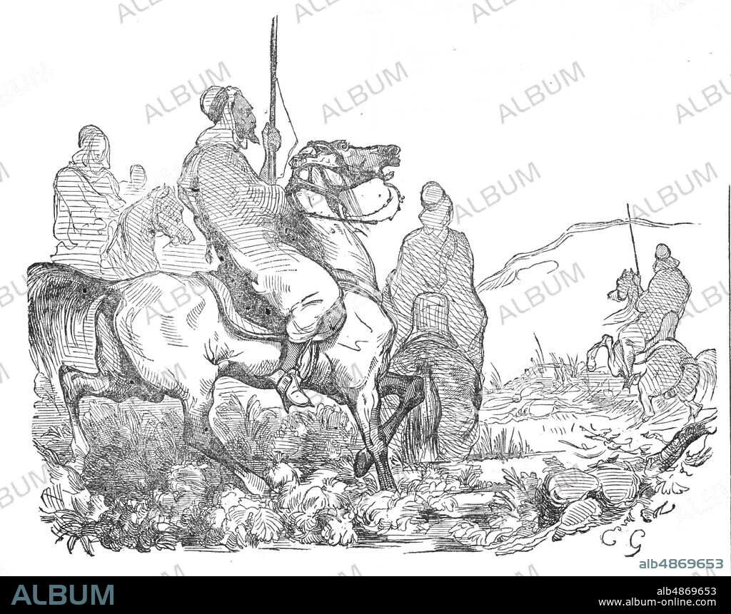 War in Morocco - Arab and Moorish cavalry, 1844. 'The Emperor of Morocco has not a part in his dominions that might not be taken by a frigate and two bomb-vessels in less than four hours. His army is a farce, and their mode of warfare perfectly childish...The ordnance is dangerously useless...the Emperor could at no time gather or hold together 100,000 fighting men, and these comprising a host of such ill-fed, ill-clothed, ill-armed ragamuffins...From their bigoted habit of excluding from their country all Europeans, and from the little experience they have gathered of European war tactics, it will be some years...before they will be able to make any stand against the French...The annexed engraving will convey an idea of the Arab cavalry, the Emperor?s chief forces, against whom the French troops have to contend'. From "Illustrated London News", 1844, Vol I.