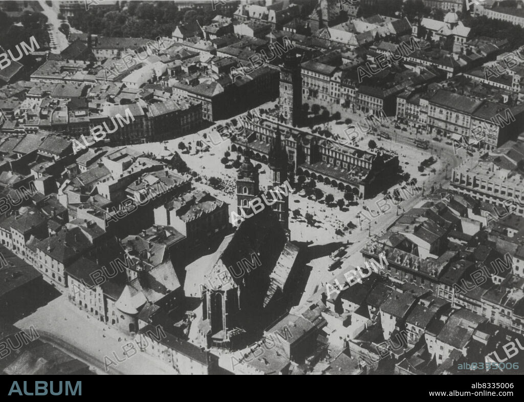 Bombardment Of Polish Towns Reported This Morning -- An aerial view of Carcow, showing the market place and the church of Notre Dame.
It was stated at the Polish embassy this morning September 1, that, though no official news was available. They had heard on the wireless from Warsaw that several Polish towns including Carcow had been bombarded. September 01, 1939. (Photo by Associated Press Photo).