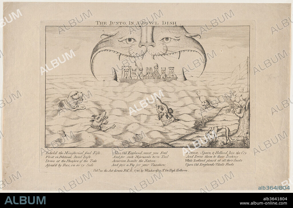 The Junto in a Bowl Dish. Artist: Anonymous, British, 18th century. Dimensions: plate: 8 7/8 x 12 5/8 in. (22.5 x 32 cm)
sheet: 11 x 16 3/4 in. (27.9 x 42.5 cm). Publisher: Published London by William Richardson (British, active 1778-1812). Date: February 11, 1781.
In this satire, British ministers--probably Thurlow, Bute, Loughborough, Sandwich, North, Jenkinson and Mansfield--float in a large bowl watched over by a cat-like monster. Dogs with collars lettered "America," "France," and "Spain" swim towards them while, on the shore in the foreground, a thin greyhound representing Scotland gnaws on England.