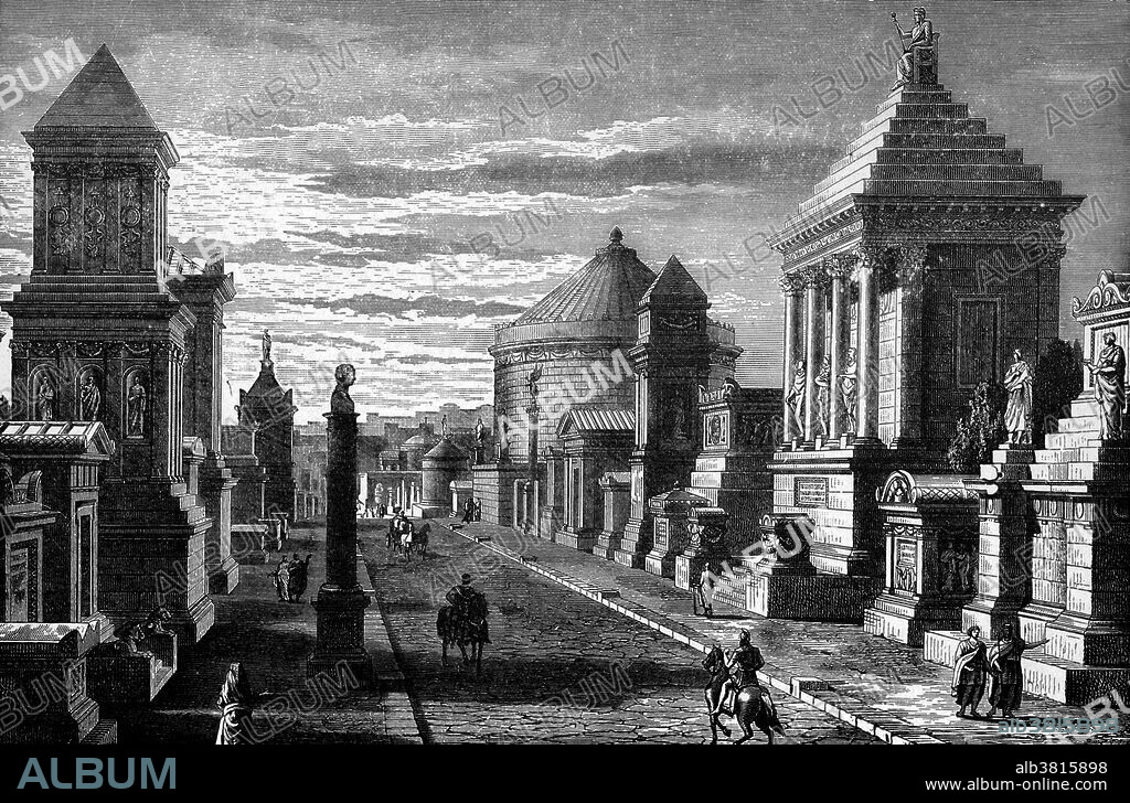 The Appian Way was one of the most important Roman roads of the ancient republic. It connected Rome to Brindisi, Apulia, in southeast Italy. The road is named after Appius Claudius Caecus, who completed the first section as a military road to the south in 312 BC during the Samnite Wars. "On both sides are tombs and monuments, that of Caecilia Metella in the middle distance. In the foreground the third milestone." Scanned steel engraving from "A Pictorial History of the World's Greatest Nations" (Author, Charlotte M. Yonge - Engraver, A.H. Payne - Publisher, Selmer Hess [NY] - 1882).