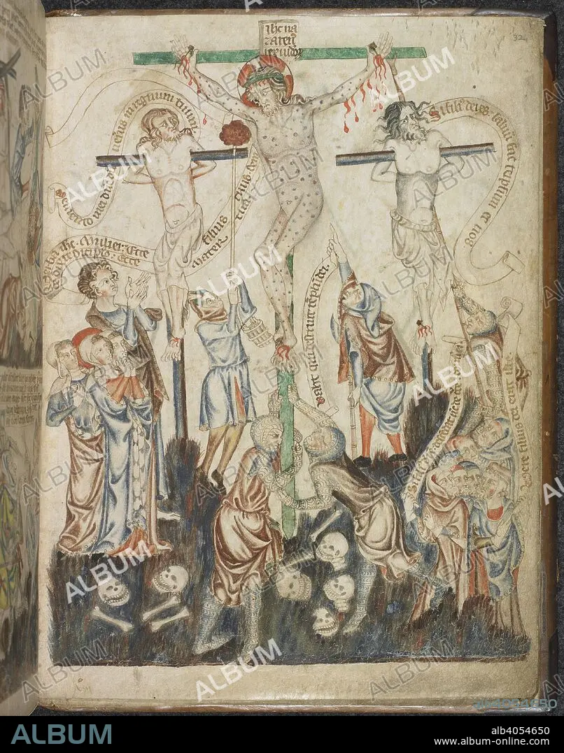 The Crucifixion. Holkham Bible Picture Book. England; circa 1320-1330.  [Whole folio] Christ hangs naked on the cross, between two thieves,  Stephaton offers him a sponge. B - Album alb4054650