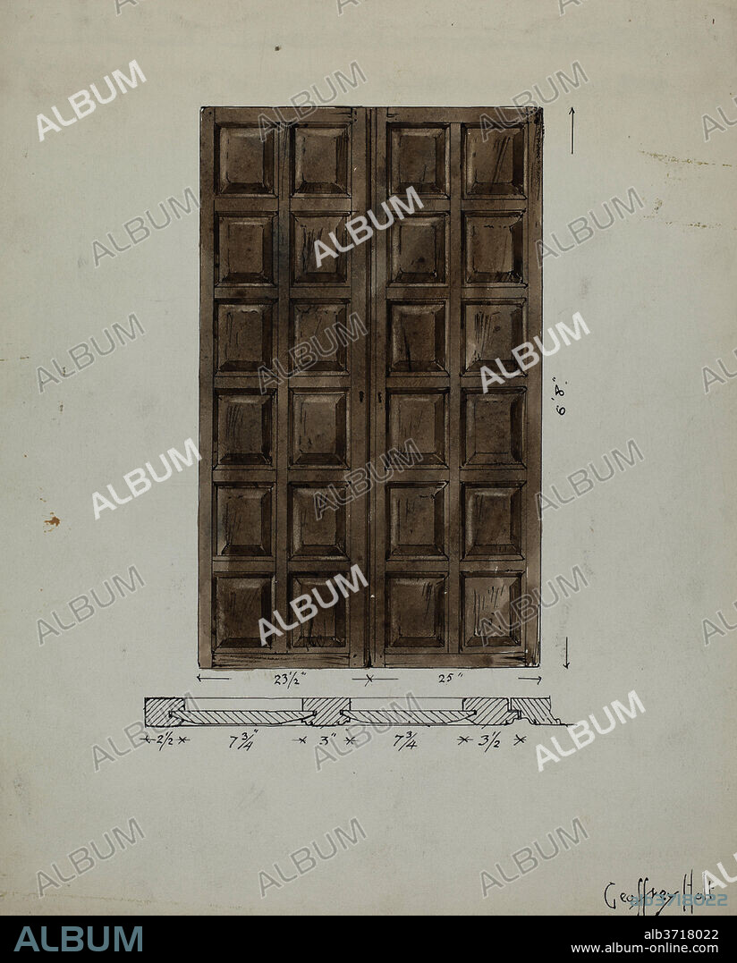 GEOFFREY HOLT. Old Paneled Doors: Main Entrance to Monastery. Dated: c. 1936. Dimensions: overall: 27.9 x 22.7 cm (11 x 8 15/16 in.)  Original IAD Object: 6'8"high; 23 1/2"wide, left door; right door 25"wide.. Medium: watercolor, colored pencil, pen and ink, and graphite on paper.