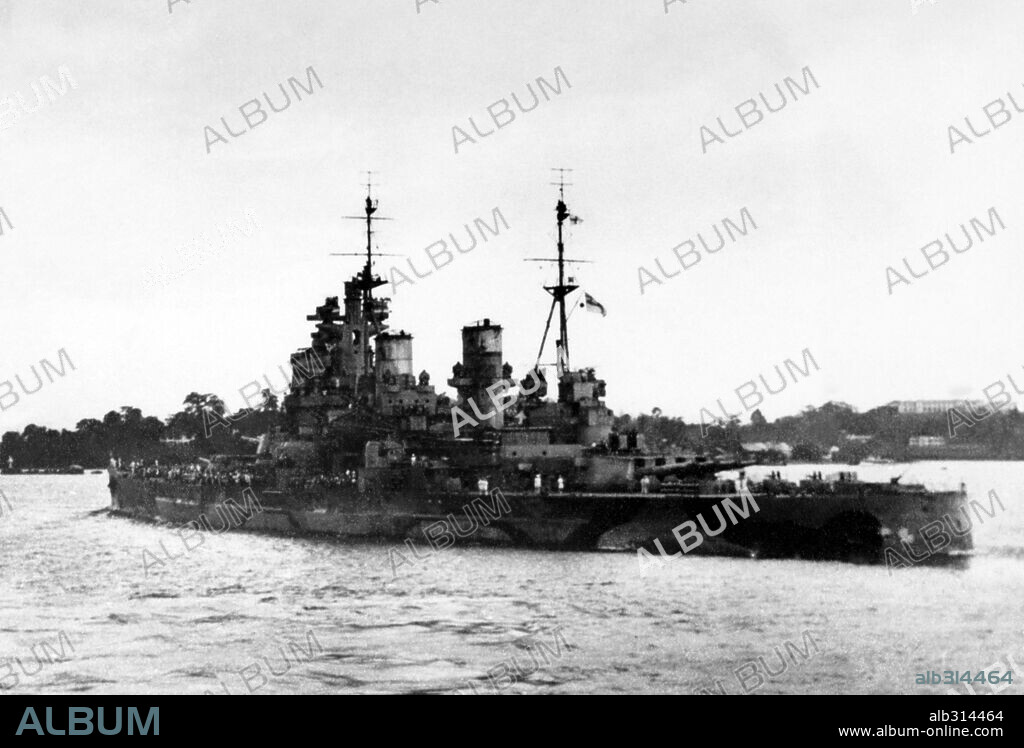 The battleship HMS Prince of Wales as she sailed from Singapore on her last operation. She was sunk two days later by japanese aircrafts. This is its last picture taken on the 8th december 1941.