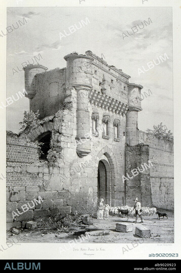 Porte Notre-Dame a Sens. The Notre-Dame gate in 1828; Yonne, France. Gates that let the traveller into the city until the beginning of the 19th century. There is nothing left of it. Only four towers remain and many sections of walls still visible along the outer boulevards. It was preceded by two drawbridges which enclosed a guardhouse. was condemned to destruction during the winter of 1831-1832 following deliberations by the City Council December 7, 1831. It is through this door that the archbishops were entering their archiepiscopal city.