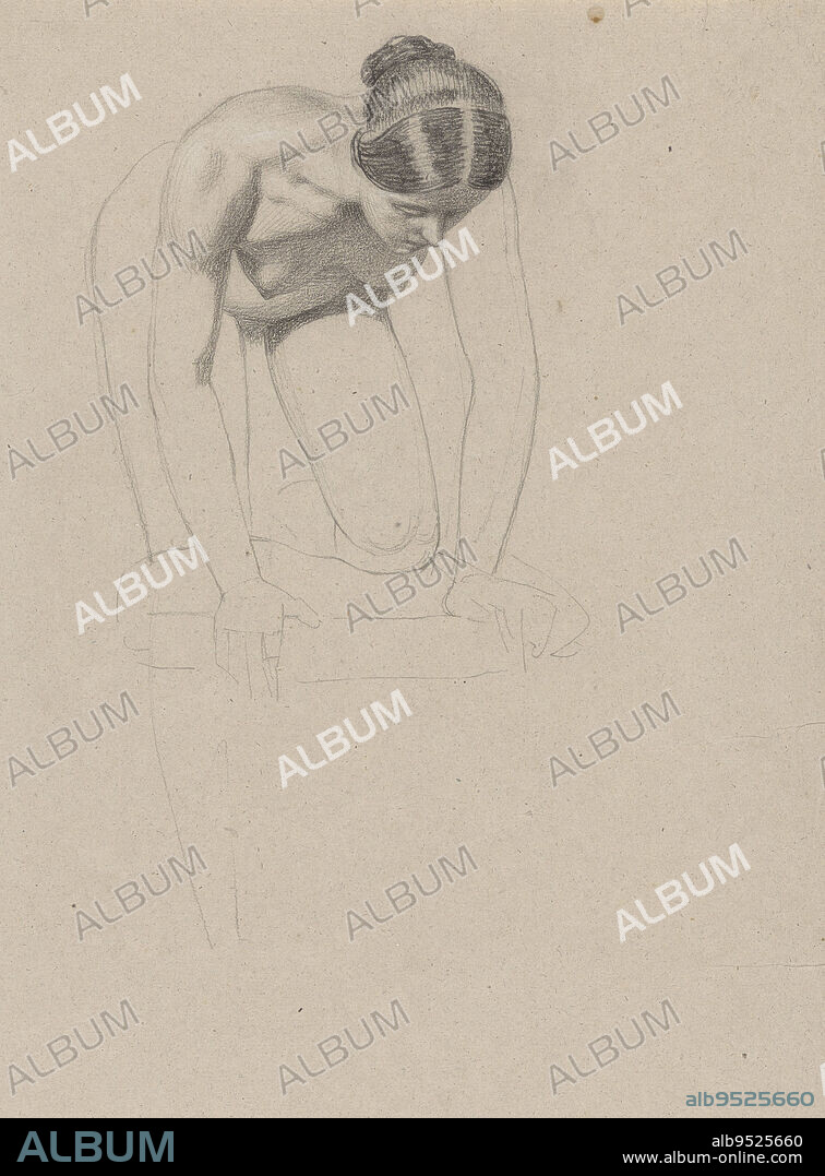 A naked woman stands bent forward and leans with her left knee on an  indefinable object., Leaning forward woman, draughtsman: Willem de Famars  Testas, c. 1844 - c. 1896, p - Album alb9525660