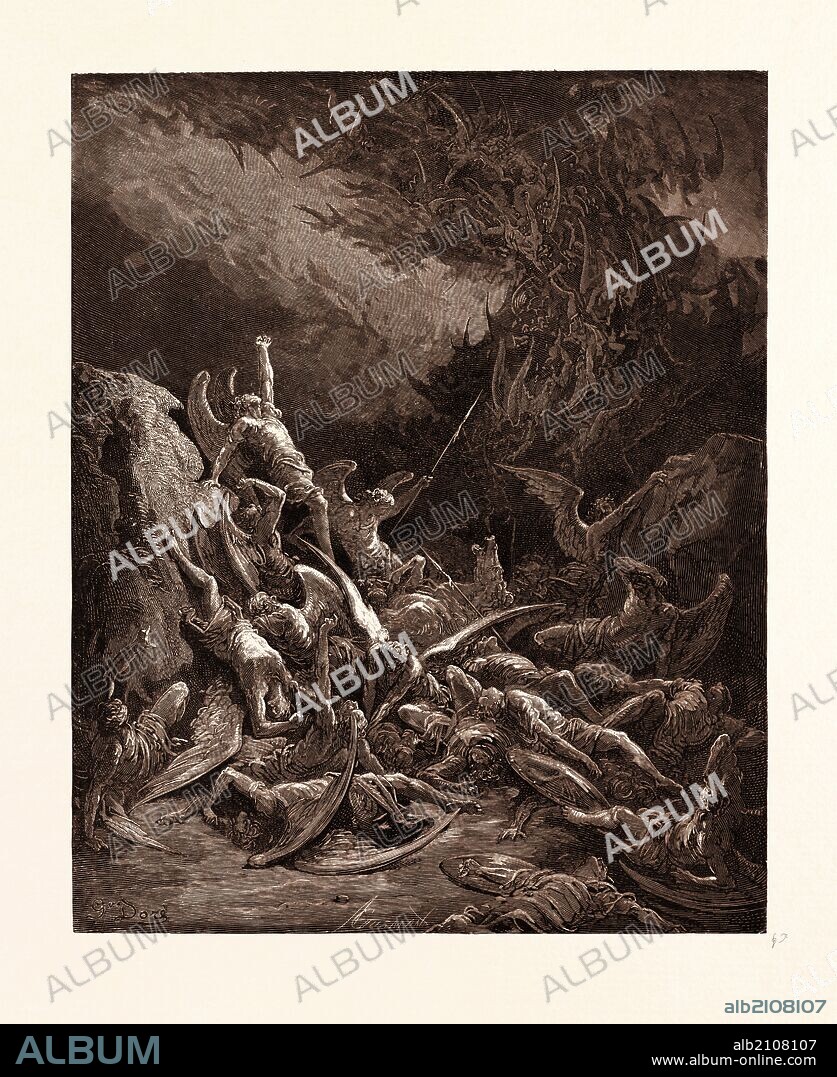 THE FALL OF THE REBEL ANGELS, BY GUSTAVE DORE. Dore, 1832 - 1883, French. Engraving for Paradise Lost by Milton. 1870, Art, Artist, romanticism, colour, color engraving.