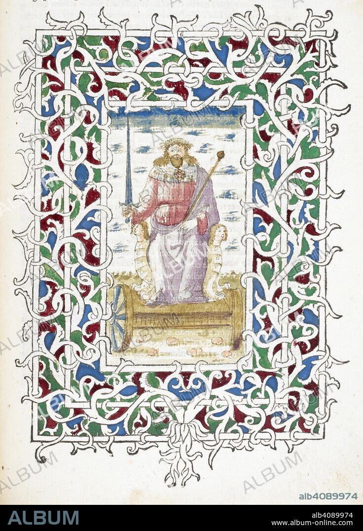 PETRARQUE, FRANCESCO DI SER PETRACCO, DIT. Border and drawing of Octaviano Augusto. Augustus Caesar, founder of the Roman Empire and its first Emperor. Seated, holding a sceptre and sword. Incomincia il Libro degli Homini Famosi. Rure Polliano : Felix Antiquarius et Innocens Ziletus, 1476. Figures from ancient Roman history. Source: IB.32901 f.5r.