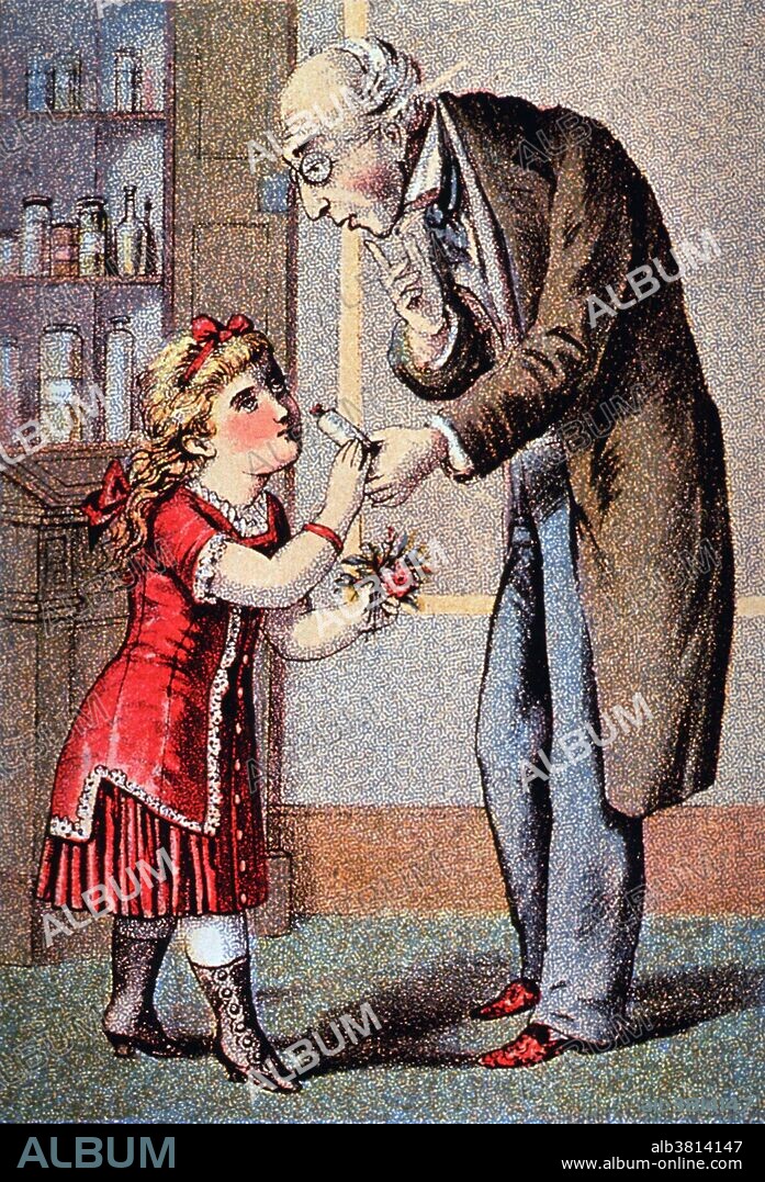 Dr. Isaac Thompson's Celebrated Eye Water. Visual Motif: An old man hands a little girl a bottle of eye water. In 1795, Dr Isaac Thompson concocted an eye water of zinc sulfate, saffron, camphor, and rose water. It was sold as late as 1939. Patent medicines are compounds promoted and sold as medical cures that do not work as promoted. "Patent medicine" is a misnomer since in most cases, although products might be trademarked, they are not patented. The promotion of patent medicines was one of the first major products highlighted by the advertising industry, and many advertising and sales techniques were pioneered by patent medicine promoters.