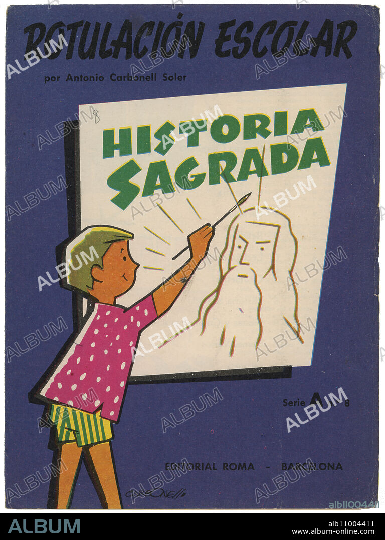 Portada del cuaderno escolar de rotulación Historia sagrada, Editorial Roma, de Barcelona, años 1940.