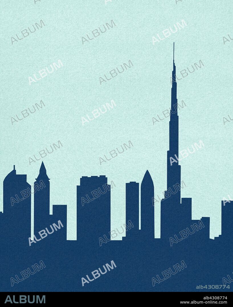 Silhouetted skyline of Burj Khalifa, Dubai,.