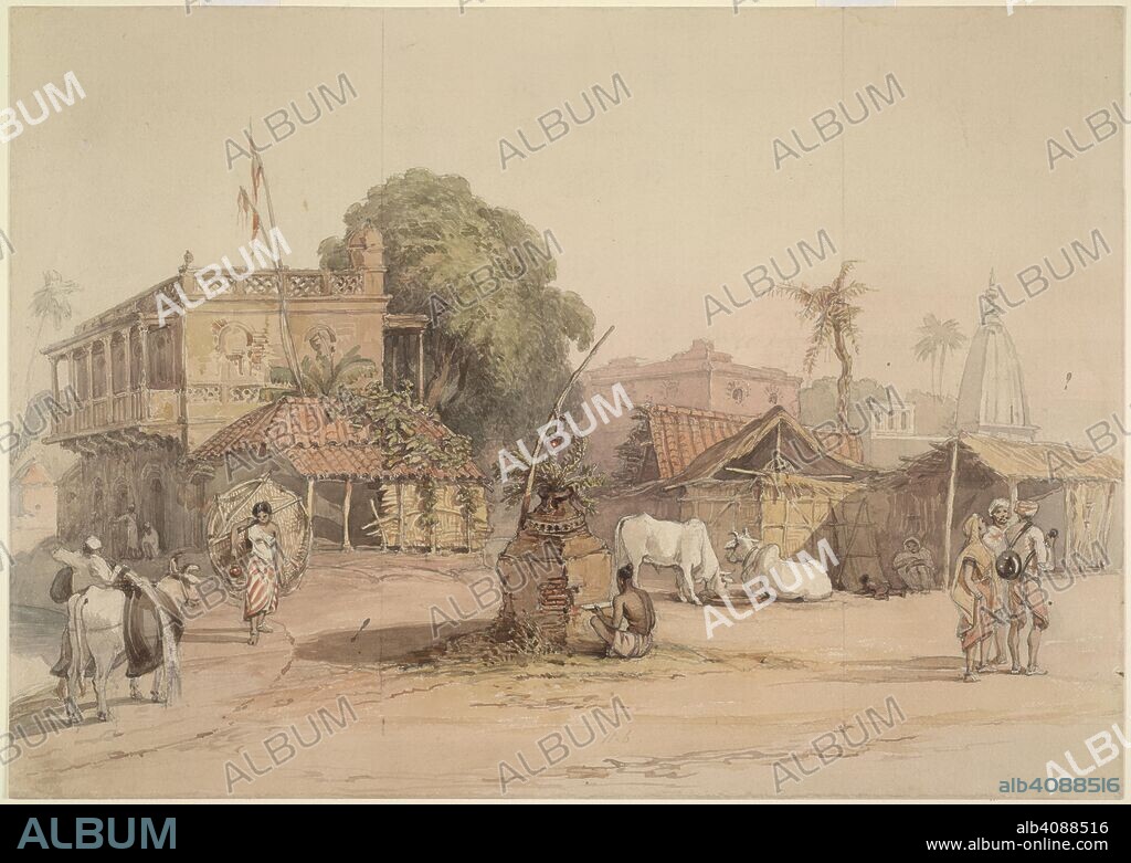 WILLIAM PRINSEP. Village scene. 1830s-1840s. Village with a small 'tulsi' altar and a watercarrier with his bullock. Watercolour.  Originally published/produced in 1830s-1840s. . Source: WD 4028,.