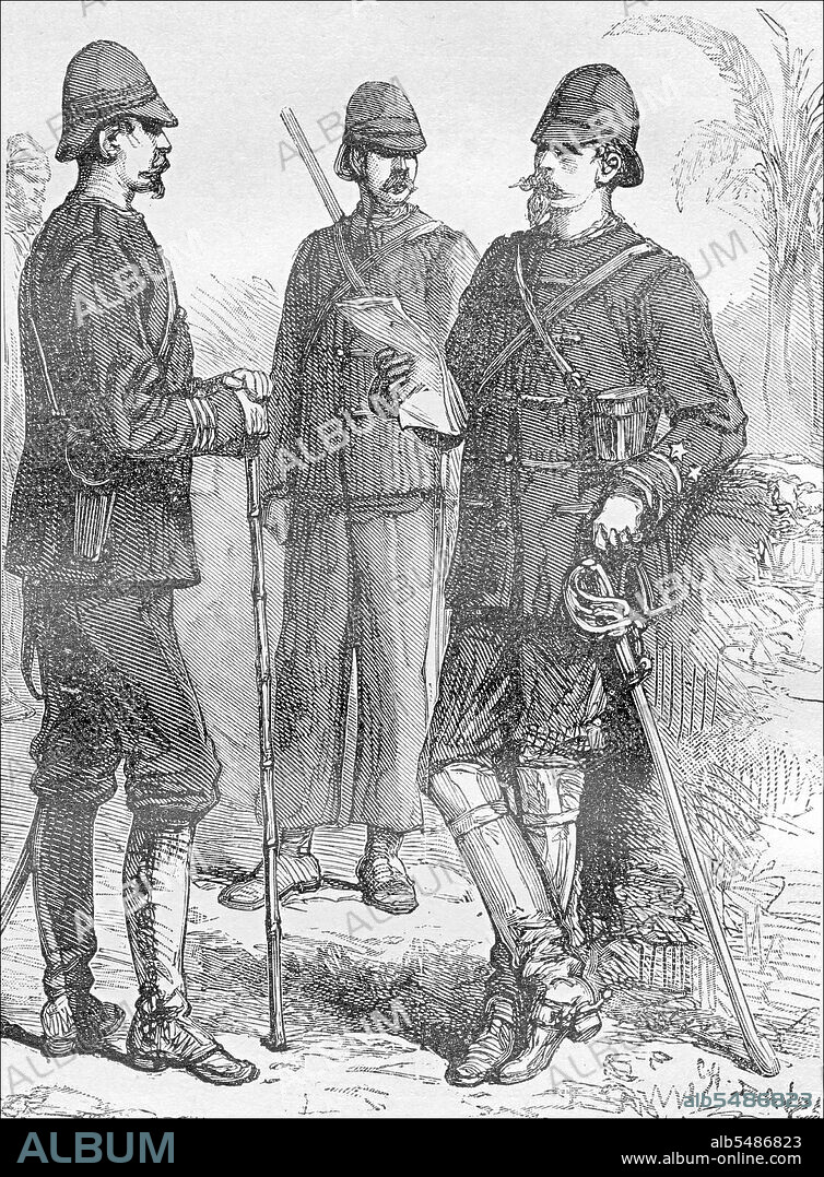 Vietnam / France: General Edouard Ferdinand Jamont (1831–1918), first  commander of the Tonkin occupation division, confers with two French  officers - Album alb5486823